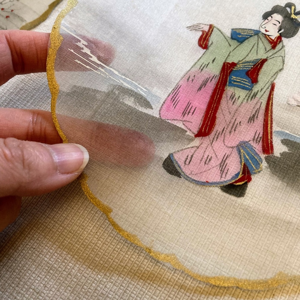 Vintage Set of Traditional Japanese Hand Painted Silks for fans 1 Large 9 Small - Picture 7 of 16